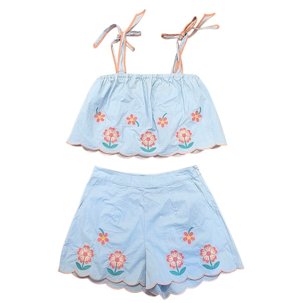 So Me Blue Pink Flower Embroidered Scalloped Summer Crop Top & Shorts Set Size L
